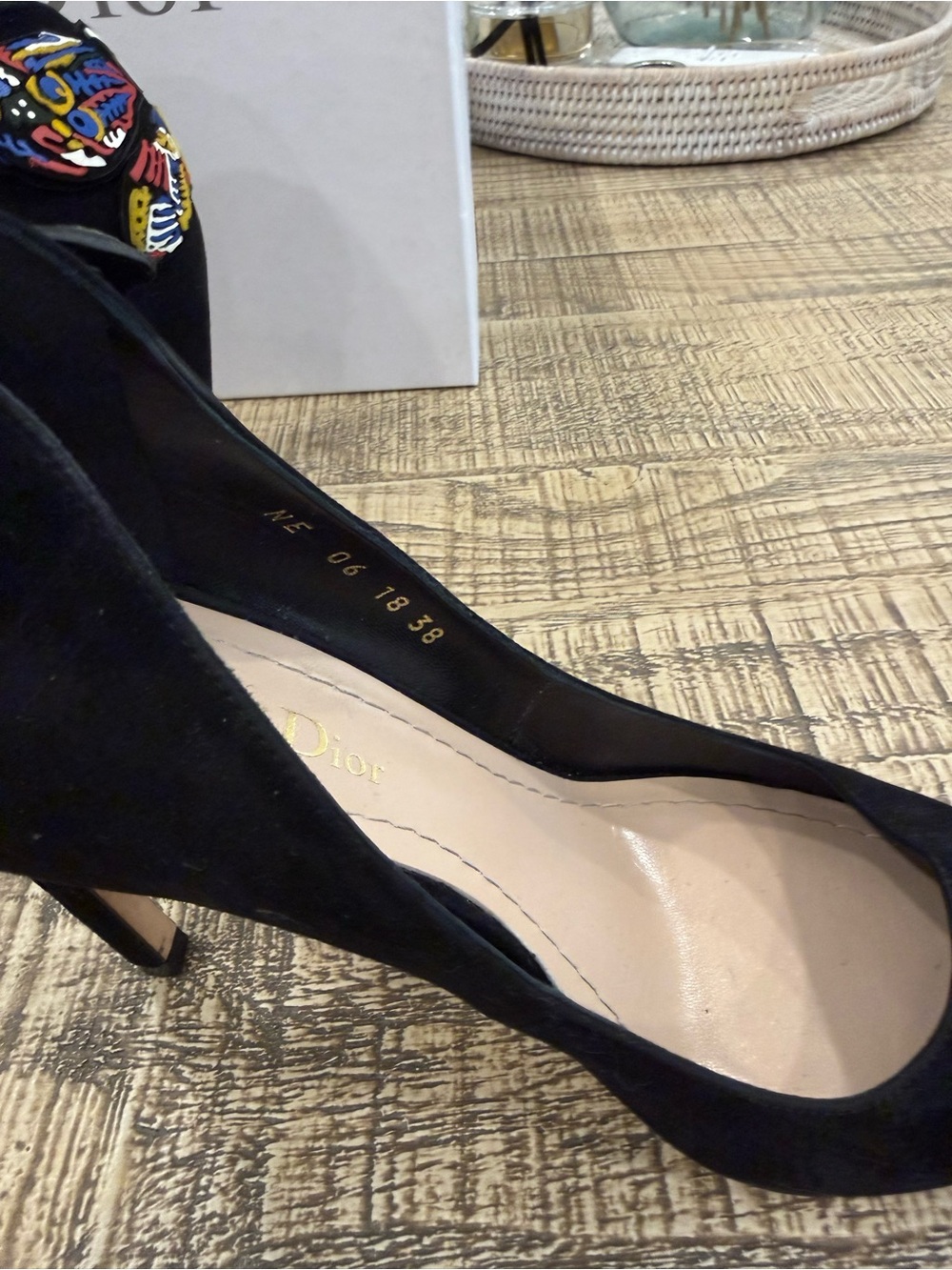 Dior Black Suede Pointed Pumps with Multicolor Embellished Heel Accent - Picture 4 of 15